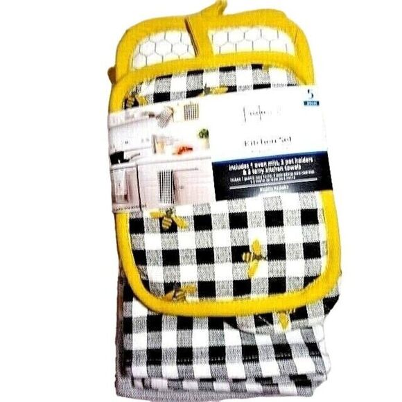 Honeybee Happy Kitchen Towel Set Mitt Potholder Honeycomb White Black Check NEW - Picture 1 of 9